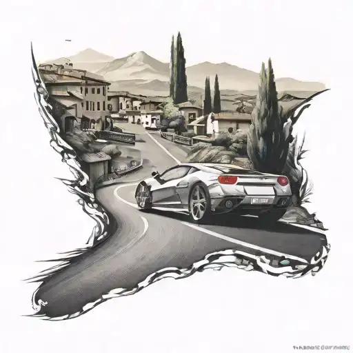 A sleek Ferrari speeding down a winding road tattoo design idea