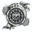 A vintage speedometer with a Ferrari logo in the background tattoo design idea