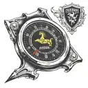 A vintage speedometer with a Ferrari logo in the background tattoo design idea