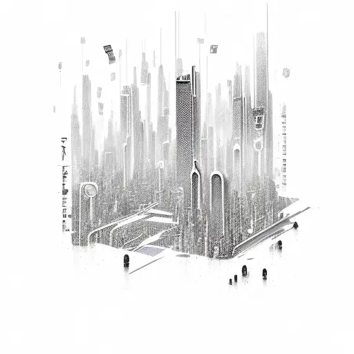 A futuristic cityscape with internet-themed billboards and money raining down tattoo design idea
