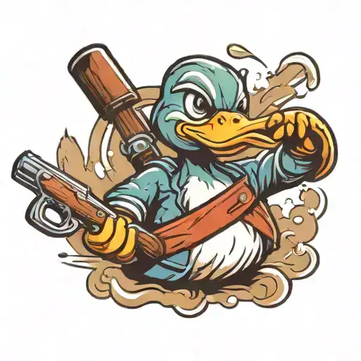 angry duck holding shotgun   tattoo design idea