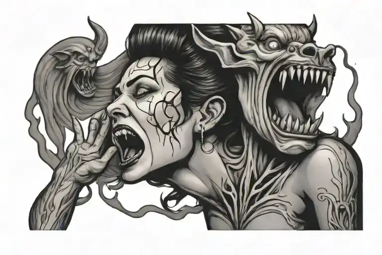 candle in the middle of screaming woman and screaming devil tattoo design idea