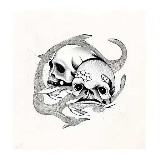 Koi fish with two skulls and sakura tree tattoo design idea