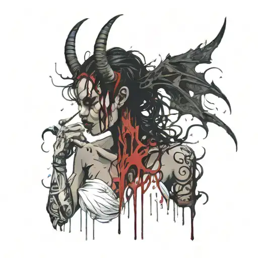 Sexy Nude Black silhouette Woman With Horns, torn demonic wings, extremely long nails, and dripping in blood. Satanic tattoo design idea