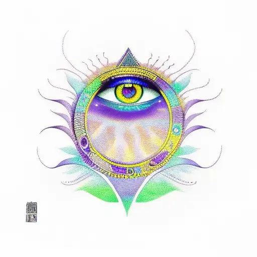 Eye of horus with a floating the breeze. colour pallet of green, blues and purples. sunset vibe  tattoo design idea