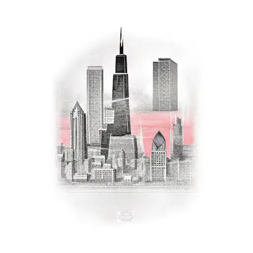 A cityscape merging the iconic landmarks of Chicago, Long Beach, San Antonio, Boston, and Manchester, paying homage to the client's favorite cities tattoo design idea