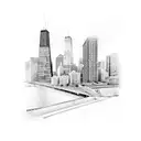 A cityscape merging the iconic landmarks of Chicago, Long Beach, San Antonio, Boston, and Manchester, paying homage to the client's favorite cities tattoo design idea