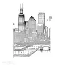 A cityscape merging the iconic landmarks of Chicago, Long Beach, San Antonio, Boston, and Manchester, paying homage to the client's favorite cities tattoo design idea