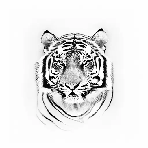 A blackwork tattoo of a serene landscape with a hidden tiger camouflaged within tattoo design idea