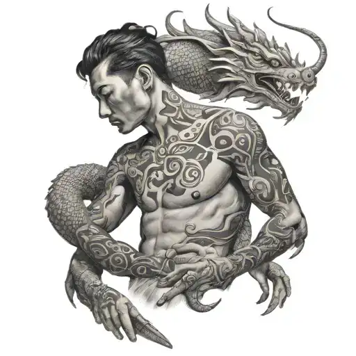 A dotwork tattoo of a nude male model posing with a Chinese dragon wrapped around their body tattoo design idea