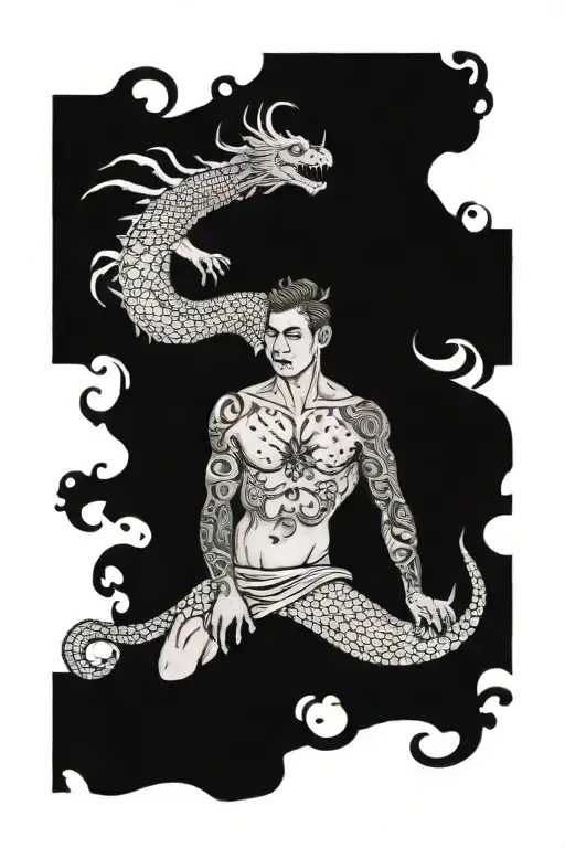 A dotwork tattoo of a nude Caucasian male model posing with a Chinese dragon wrapped around their body tattoo design idea
