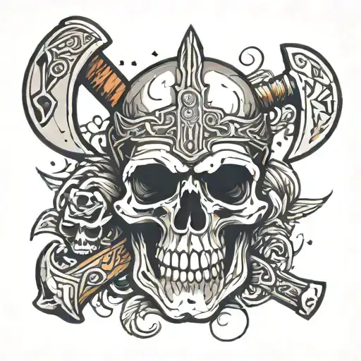 An axe embedded in a skull surrounded by Viking symbols and motifs tattoo design idea