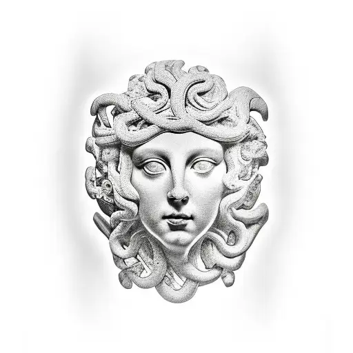 sicilian medusa head carved into skin as if it were stone circle border tattoo design idea