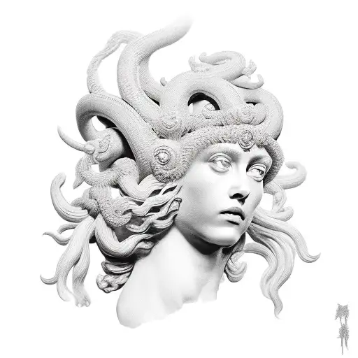 sicilian medusa head carved into skin as if it were stone tattoo design idea