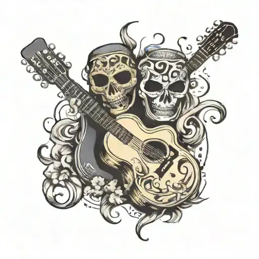 two masks, one funny and the other funny, lie together. a burning acoustic guitar between them tattoo design idea
