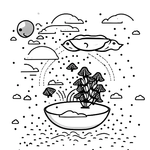 minimalist whale and bowl of petunias falling from the sky with the words "oh no, not again" tattoo design idea