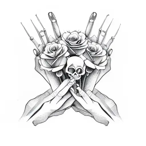 Skeleton hands holding aces with a flower bouquet and pocket chips tattoo design idea