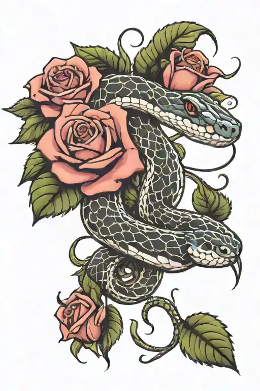 snake and roses blooming tattoo design idea