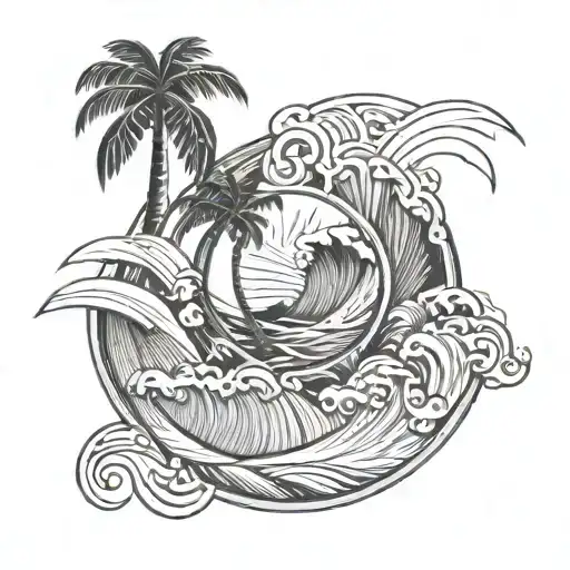 On the crest of a wave, board, wave, beach, palm trees, wind rose tattoo design idea