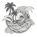  On the crest of a wave, board, wave, beach, palm trees, wind rose tattoo design idea