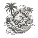  On the crest of a wave, board, wave, beach, palm trees, wind rose tattoo design idea