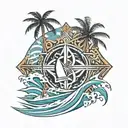  On the crest of a wave, board, wave, beach, palm trees, wind rose tattoo design idea