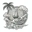  On the crest of a wave, board, wave, beach, palm trees, wind rose tattoo design idea