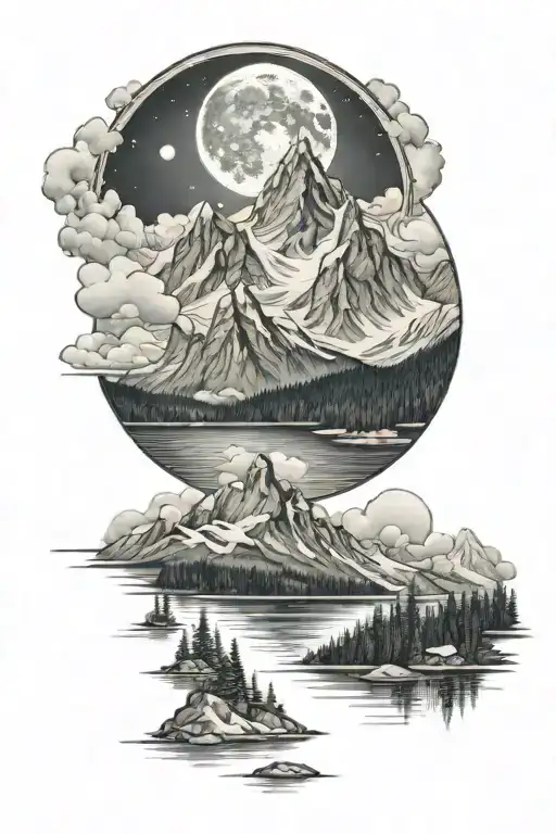 moon lake snow capped mountains tattoo design idea