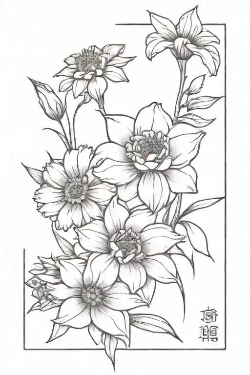 a bouquet of flowers with carnation, violet daffodil, daisy,rose,aster,,chrysanthemum  tattoo design idea