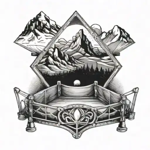 Wrestling ring surrounded by rocky mountain peaks tattoo design idea