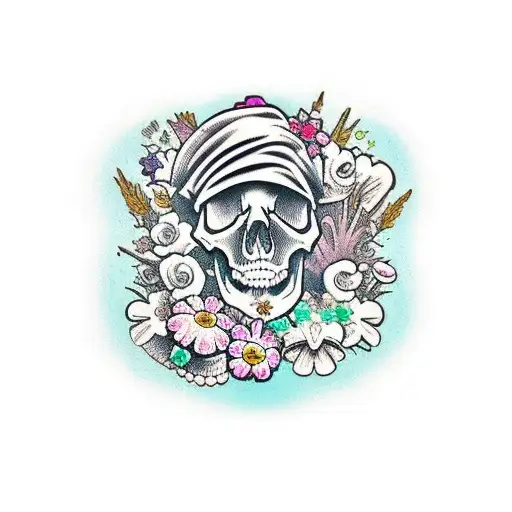 skull with flowers, mushrooms, and crystals growing out of it tattoo design idea