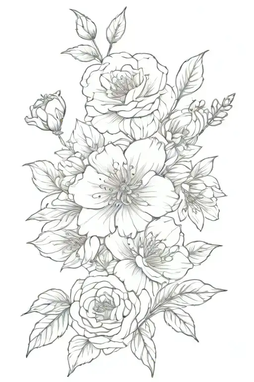 two birth flowers intertwined with names in the stems. Emma is born in july and Alana is born in September  tattoo design idea