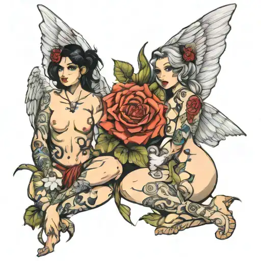 nude lesbians angel devil clear skin cunniligus tattoo design idea