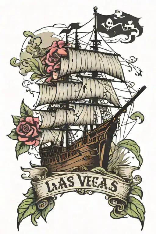 pirate ship and las vegas sign with huckleberries tattoo design idea