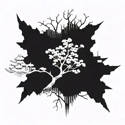 Cherry blossom tree with a hidden Tokyo skyline tattoo design idea
