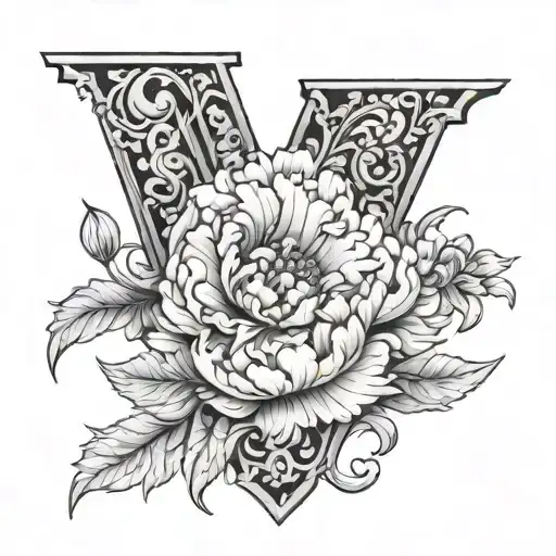 letter M and peony flowers intertwined tattoo design idea