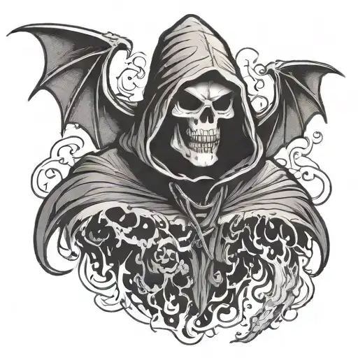 Hooded Reaper Silohuette, Smoke, Fire, Scary, Bat Wings  tattoo design idea