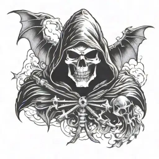 Hooded Reaper Silohuette, Smoke, Fire, Scary, Bat Wings  tattoo design idea