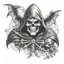 Hooded Reaper Silohuette, Smoke, Fire, Scary, Bat Wings  tattoo design idea