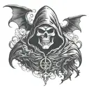 Hooded Reaper Silohuette, Smoke, Fire, Scary, Bat Wings  tattoo design idea