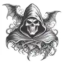 Hooded Reaper Silohuette, Smoke, Fire, Scary, Bat Wings  tattoo design idea