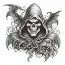 Hooded Reaper Silohuette, Smoke, Fire, Scary, Bat Wings  tattoo design idea
