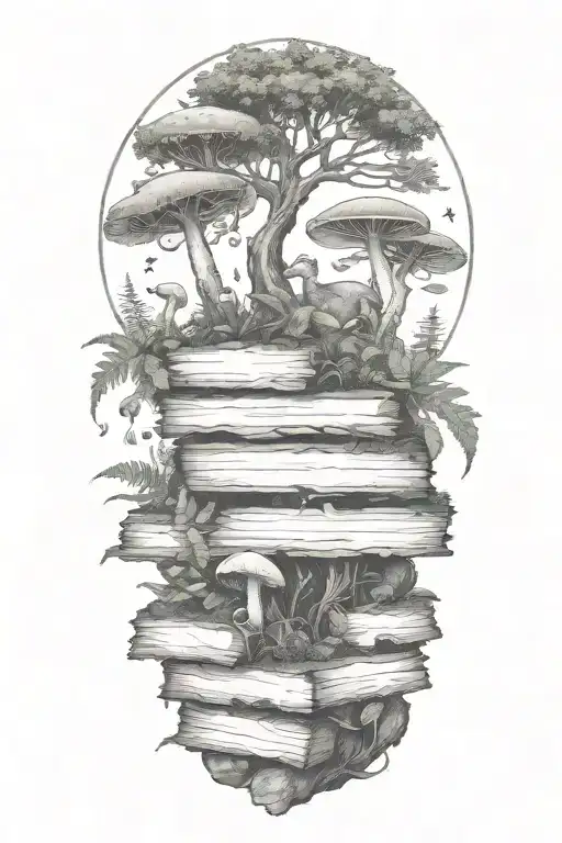 Forest setting filled with fern leaves and mushrooms, berries thorns. norse style should be incorporated, and runes tattoo design idea