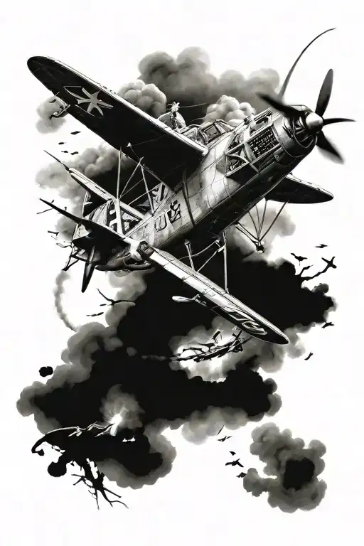 Incorporate a vintage fighter plane flying over a battlefield scene from World War II tattoo design idea