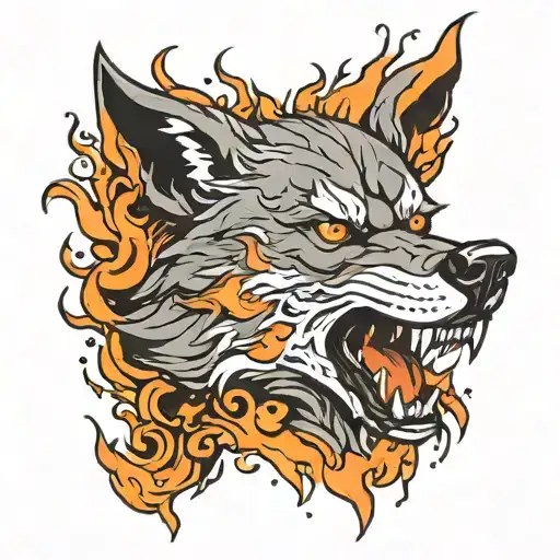 angry wolf on fire tattoo design idea