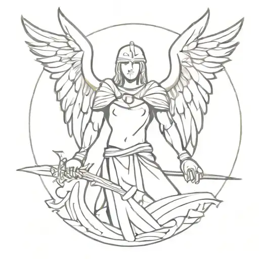 A minimalist design of a warrior angel representing protection and strength, with a subtle reference to God tattoo design idea