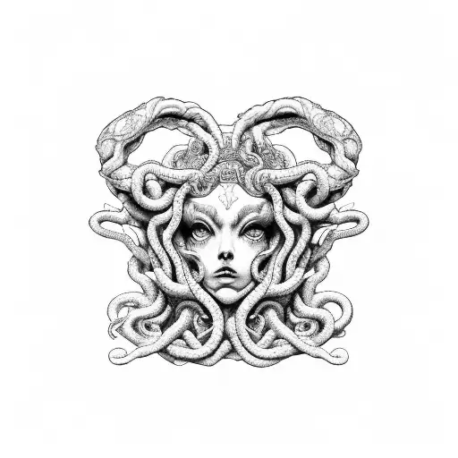 Medusa + Charon + Cerberus + Styx + temple tattoo design idea