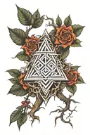 upside down penrose triangle endless knot with branches behind wrapping around the top and roots from the bottom point tattoo design idea