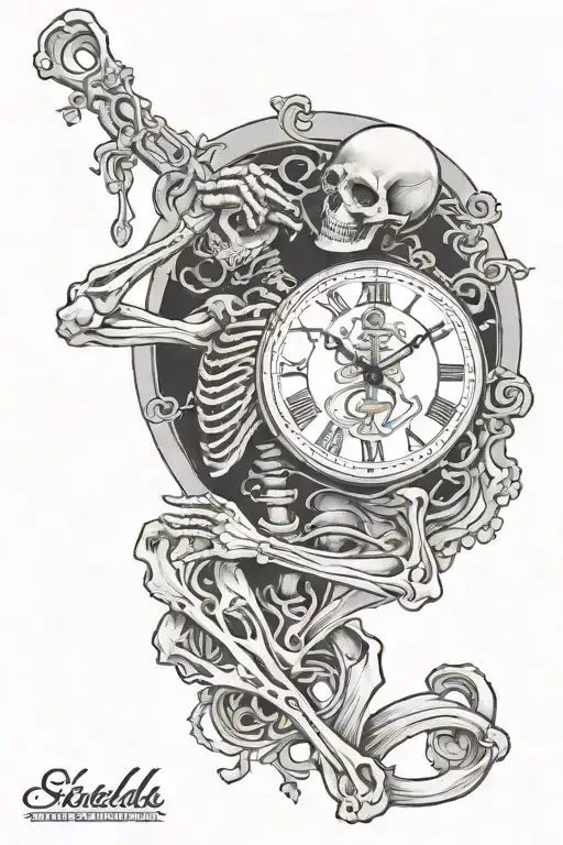 Skeleton Praying with a broken clock in his hands, with the bible verse "Luke 12:25" incorporated into it  tattoo design idea