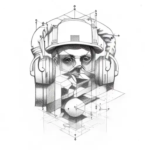 A sketch-style tattoo of a builder surrounded by music engine parts tattoo design idea